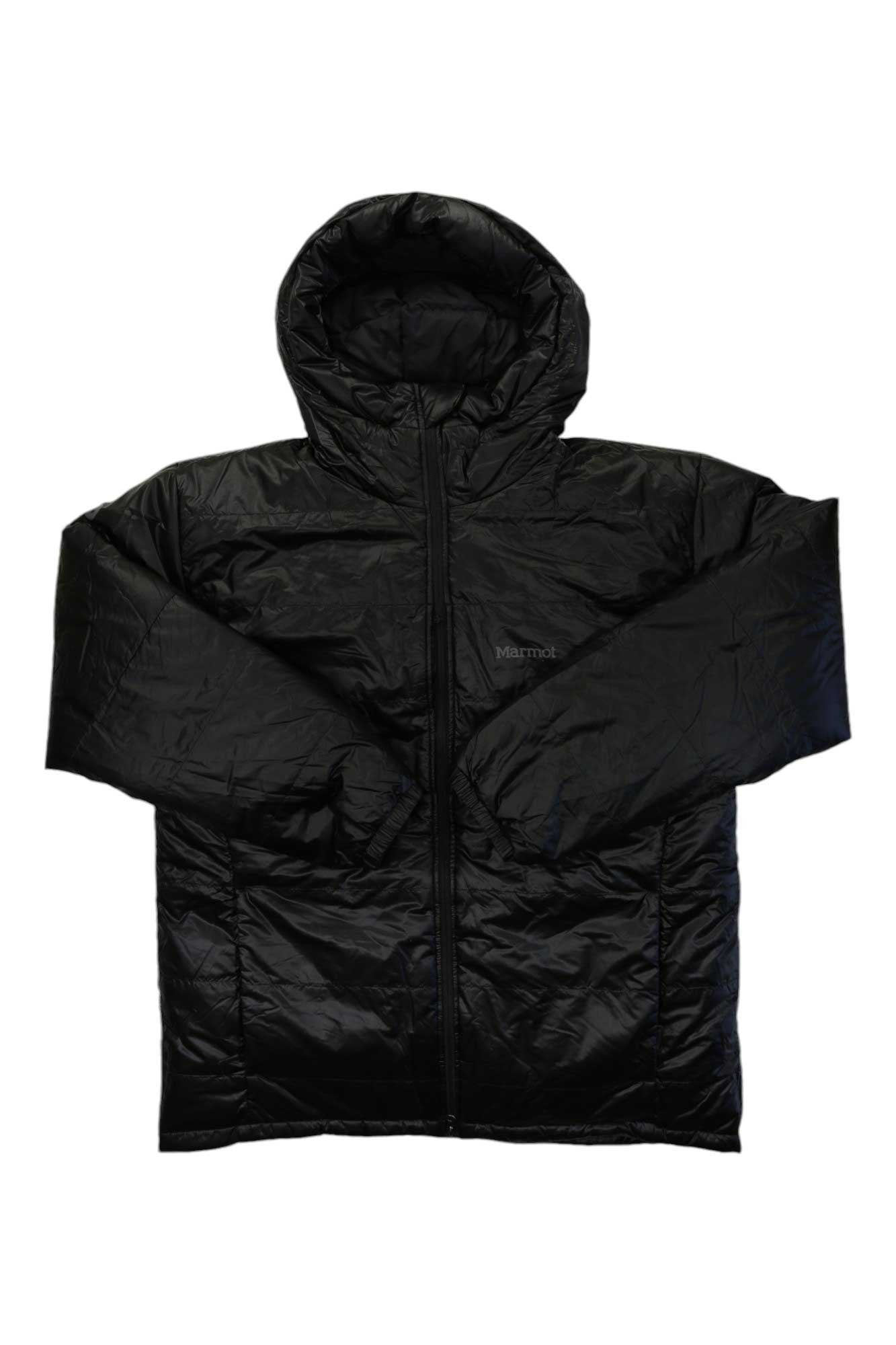 The Unisex West Rib Parka, a black puffy alpine jacket with a front zipper, is displayed flat on a white background. Its shiny insulated material makes it ideal for cold weather and outdoor adventures.
