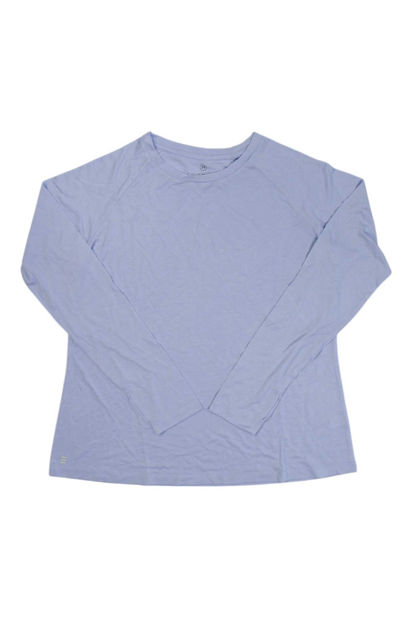 A Free Fly Womens Bamboo Lightweight LS II Top in light purple is laid flat on a white background, ideal as a lightweight bamboo long-sleeve for outdoor adventures.