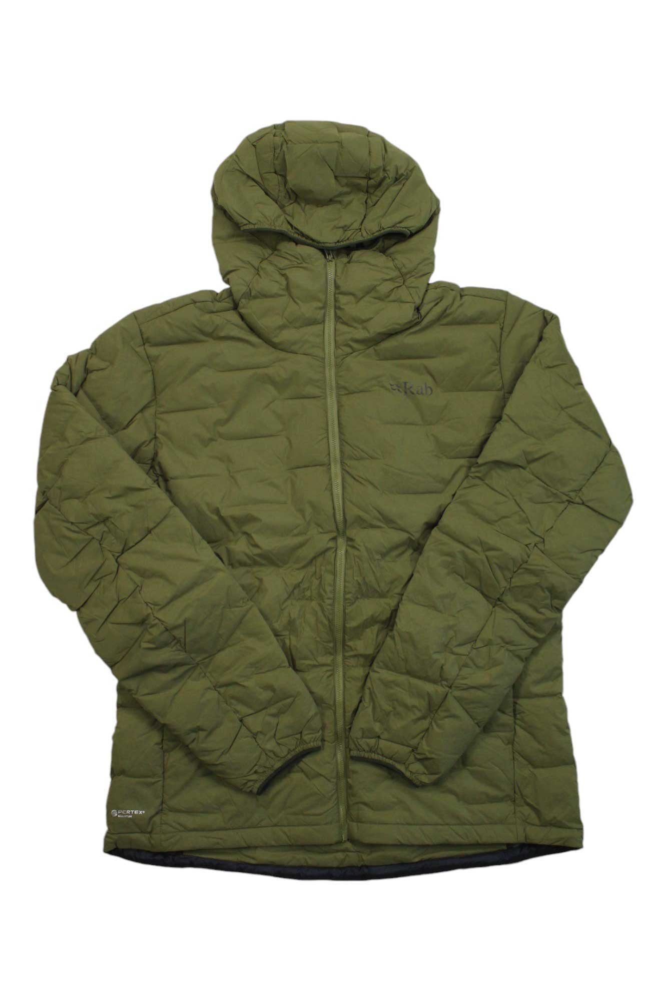 The Rab Mens Cubit Stretch Down Hoody in olive green, featuring water-resistant fabric, a front zipper, quilted design, and long sleeves, is laid flat on a white background.