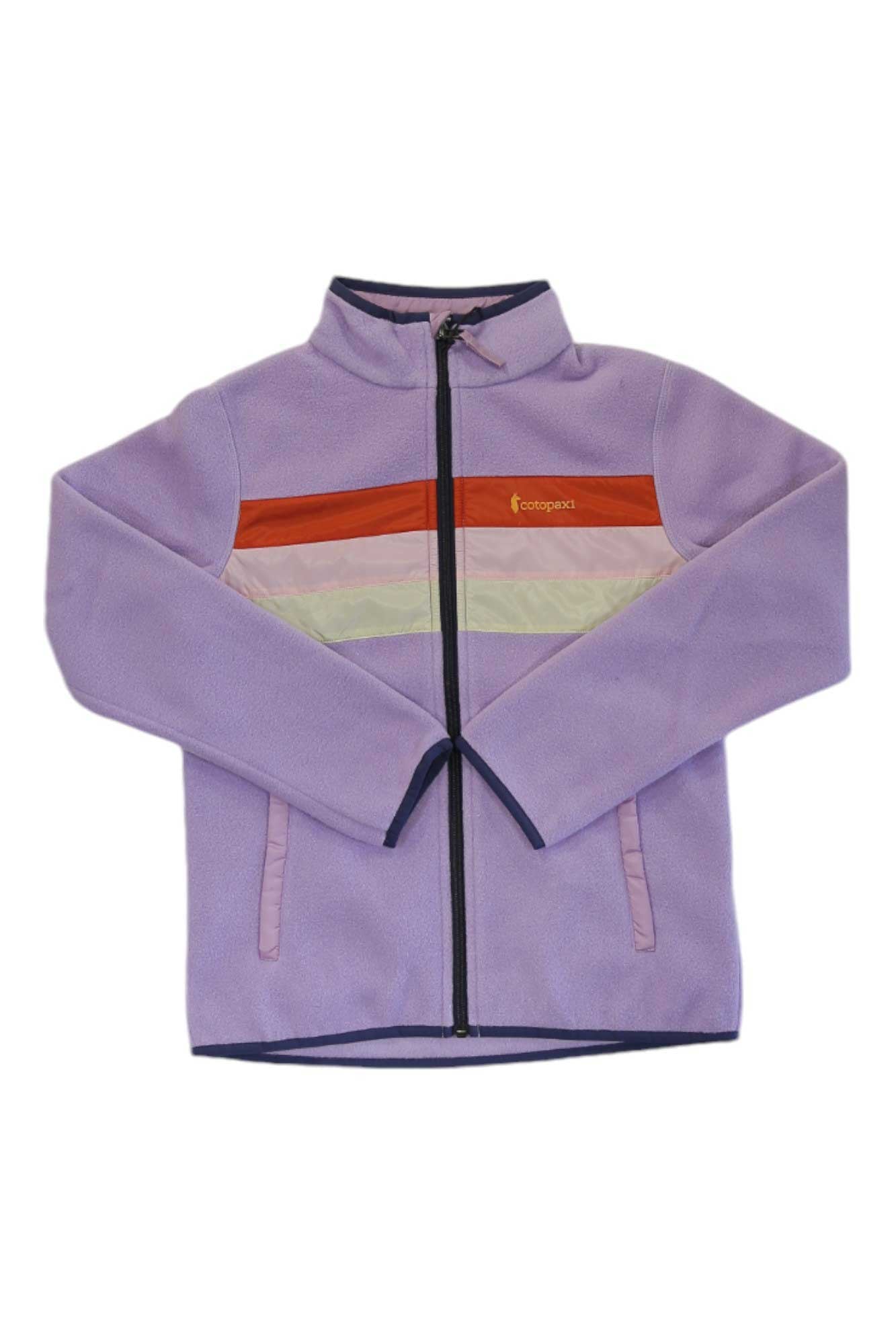 The Cotopaxi Kids Teca Fleece Jacket is a light purple recycled fleece jacket featuring a front zipper, two side pockets, and red, orange, and white horizontal stripes—ideal for outdoor adventures.