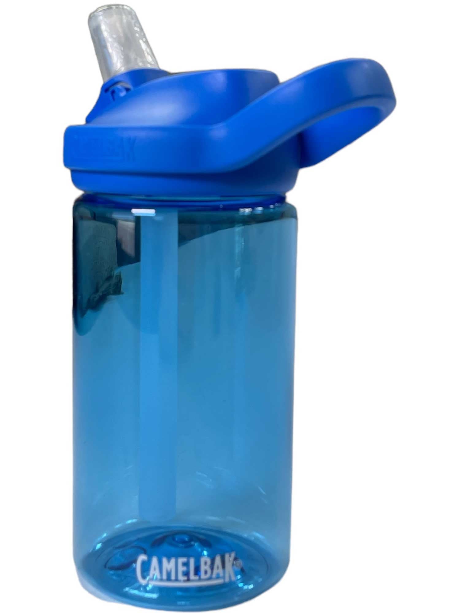 Kids water bottle with blue lid and straw, clear blue body, CamelBak logo