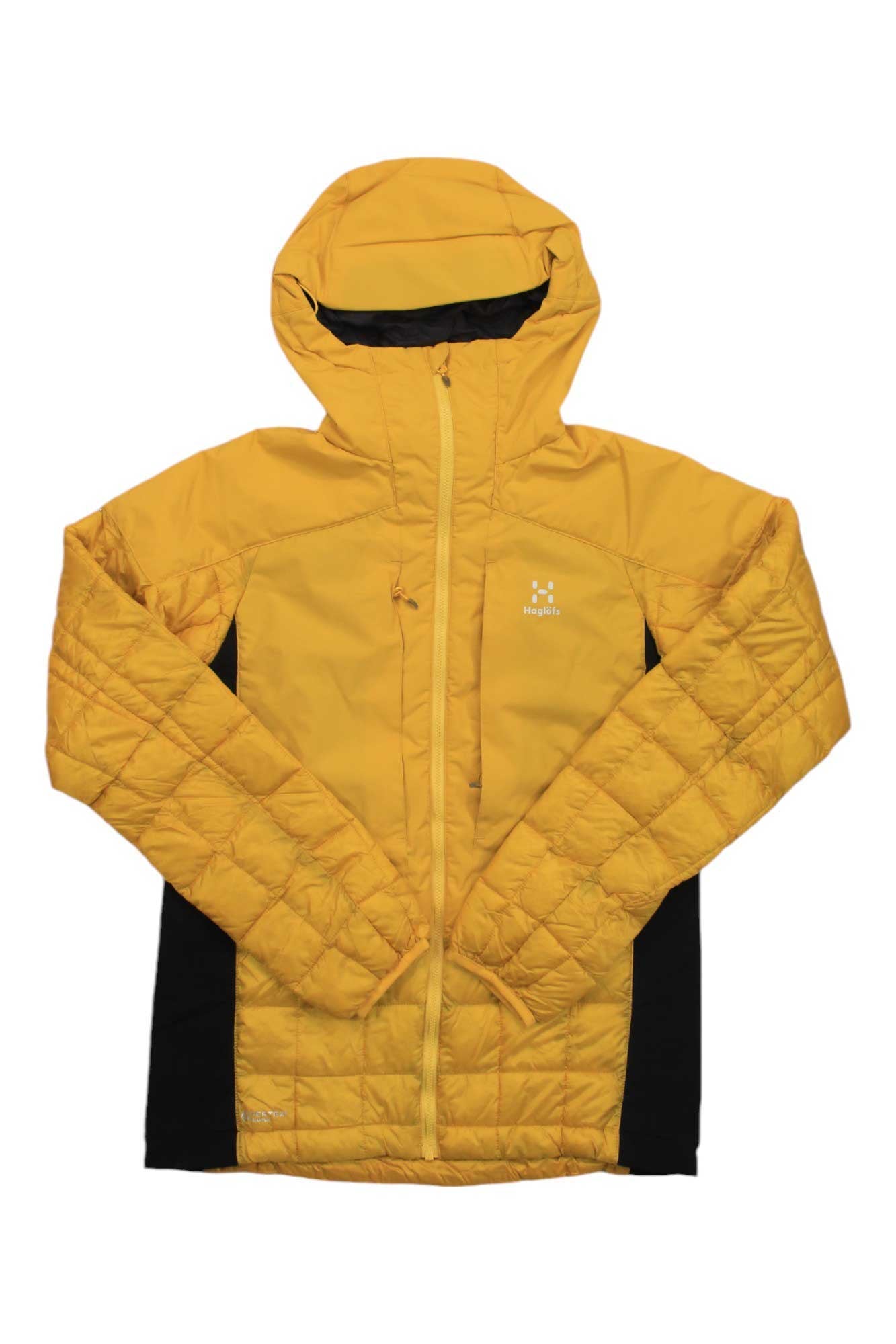 The Haglofs Womens Nordic Mimic Hoodie is a yellow jacket with black side panels, a front zipper, small white logo, and quilted sleeves and body insulated with graphene-infused synthetic fill for added warmth.