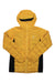 The Haglofs Womens Nordic Mimic Hoodie is a yellow jacket with black side panels, a front zipper, small white logo, and quilted sleeves and body insulated with graphene-infused synthetic fill for added warmth.