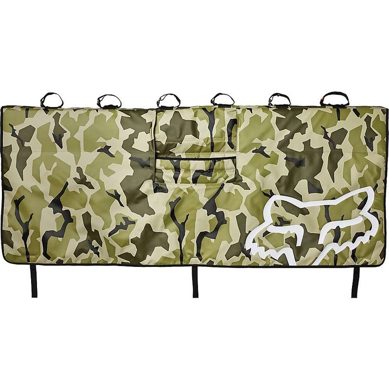 Large green-camo tailgate cover with fox graphic and top hanging loops
