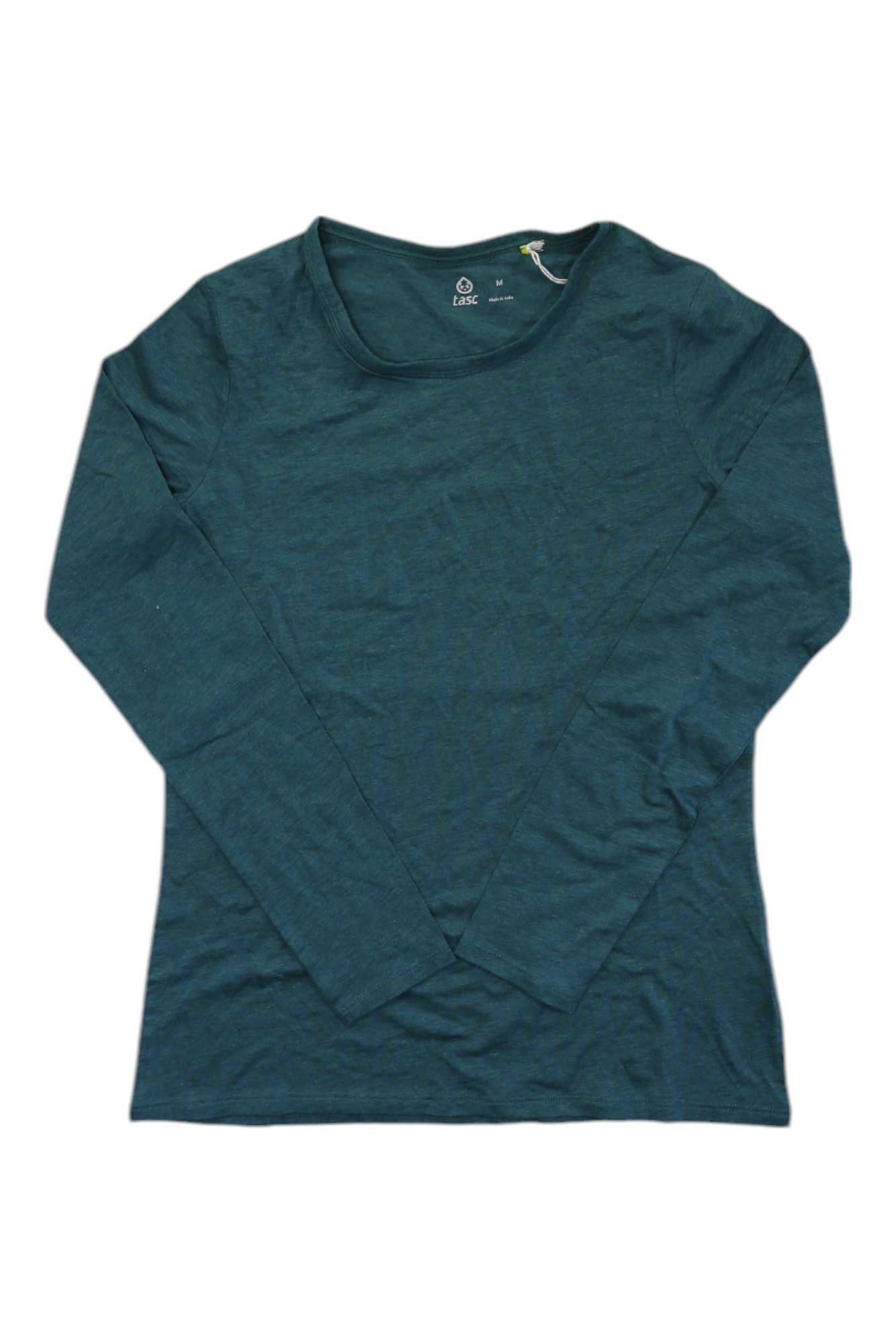 Women's dark teal crewneck long-sleeve tee with small neckline logo and tag detail