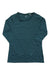 Women's dark teal crewneck long-sleeve tee with small neckline logo and tag detail