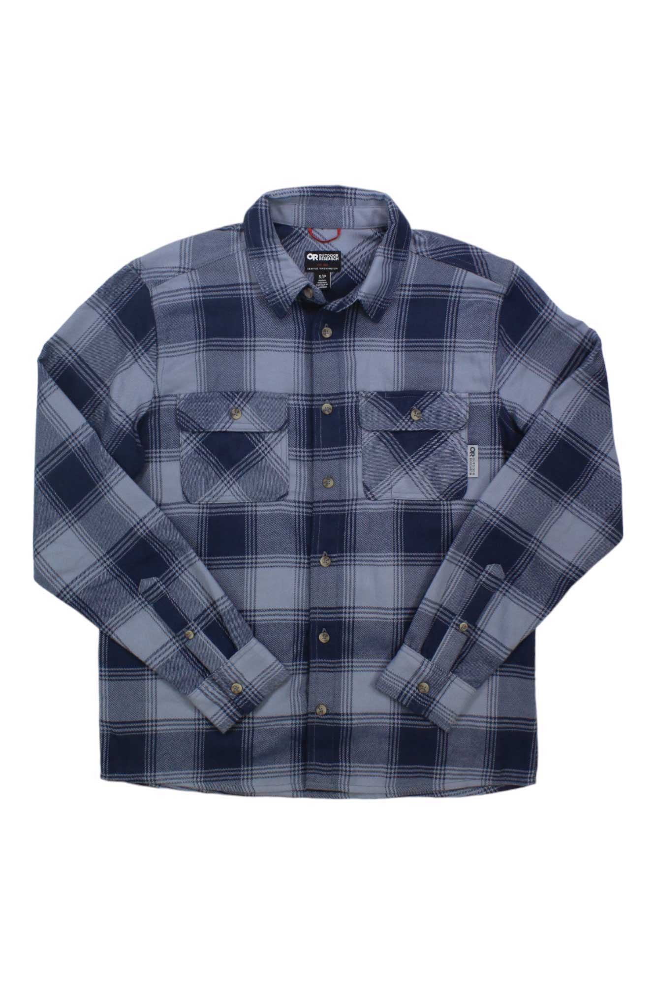 The Outdoor Research Men's Feedback Flannel Twill Shirt features a blue and gray plaid design, two button-flap chest pockets, a collar, and provides UPF 50+ sun protection.