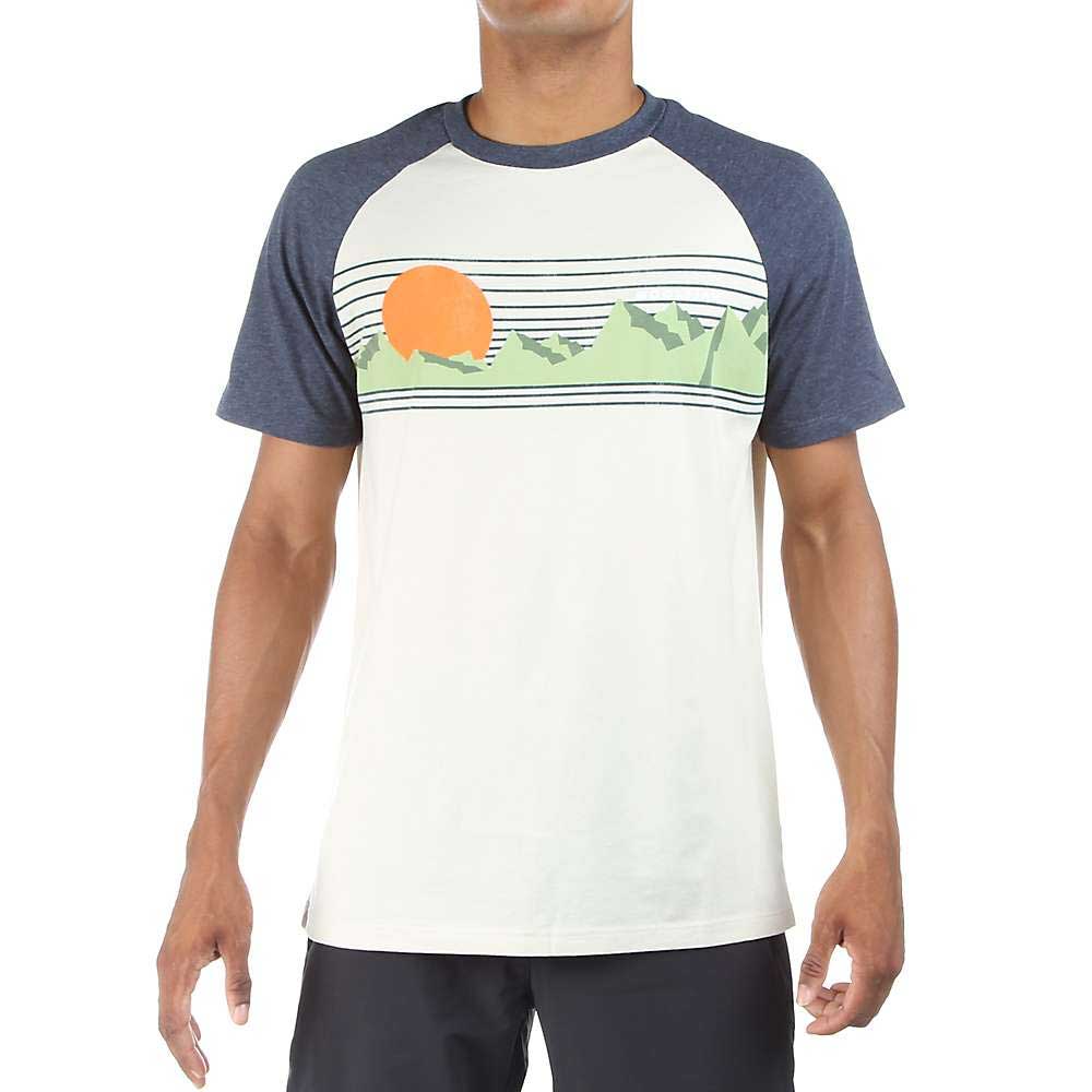 Men's raglan T-shirt with white body, dark blue sleeves, and orange mountain graphic front