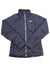 A black, quilted Women's ThermoBall Full-Zip Jacket by The North Face with a high collar, front zipper, and left chest logo is shown laid flat on a white background.