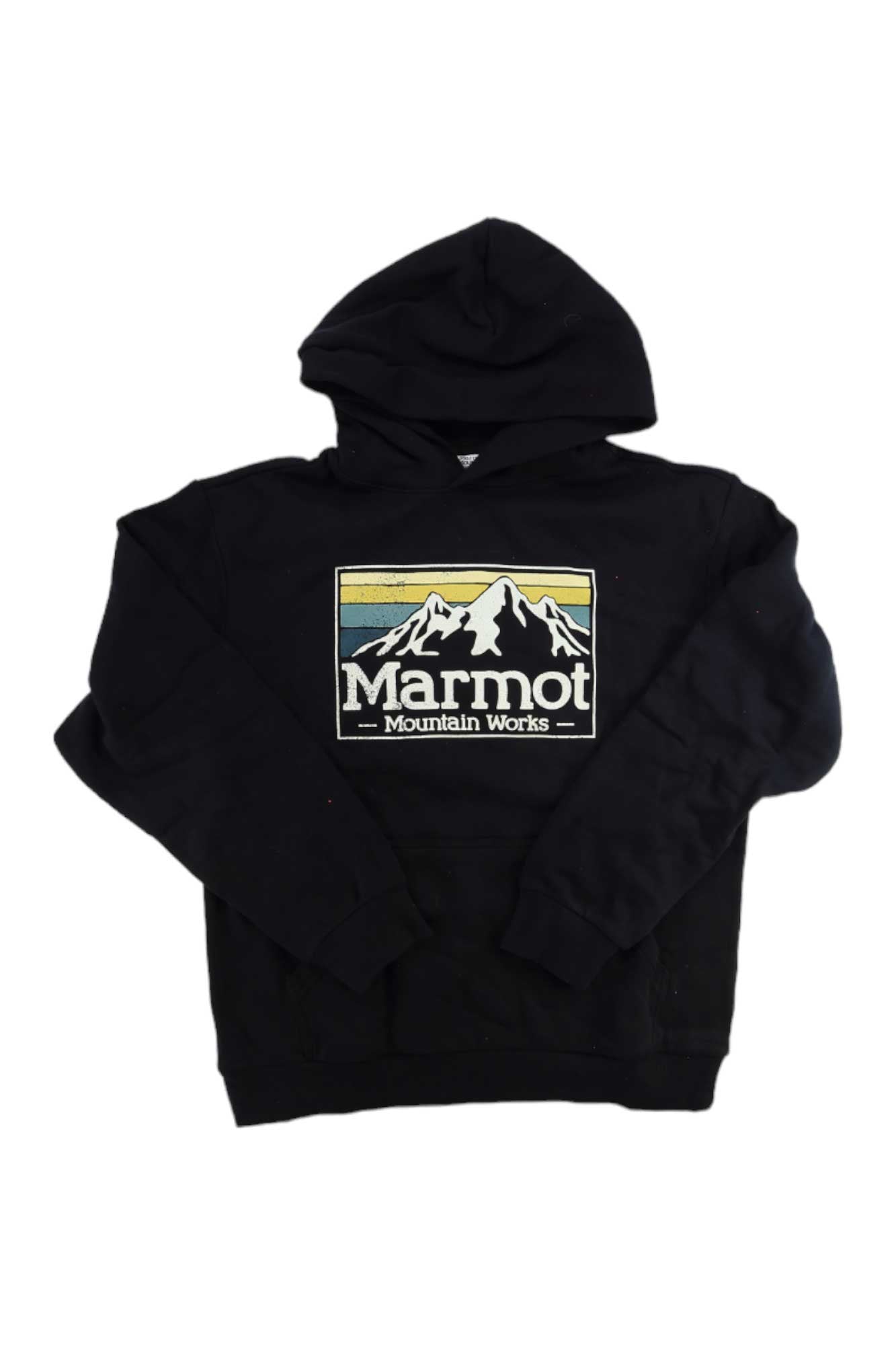 The Marmot Men's MMW Gradient Hoody is a black hoodie with a Marmot Mountain Works logo and white mountain graphics on a yellow and teal backdrop. Made from recycled polyester, it’s an ideal casual travel layer.