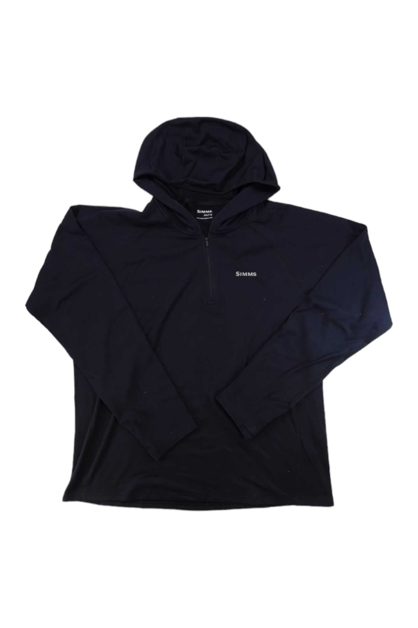 Men's heavyweight black base-layer hoodie with attached hood, front zipper, long sleeves