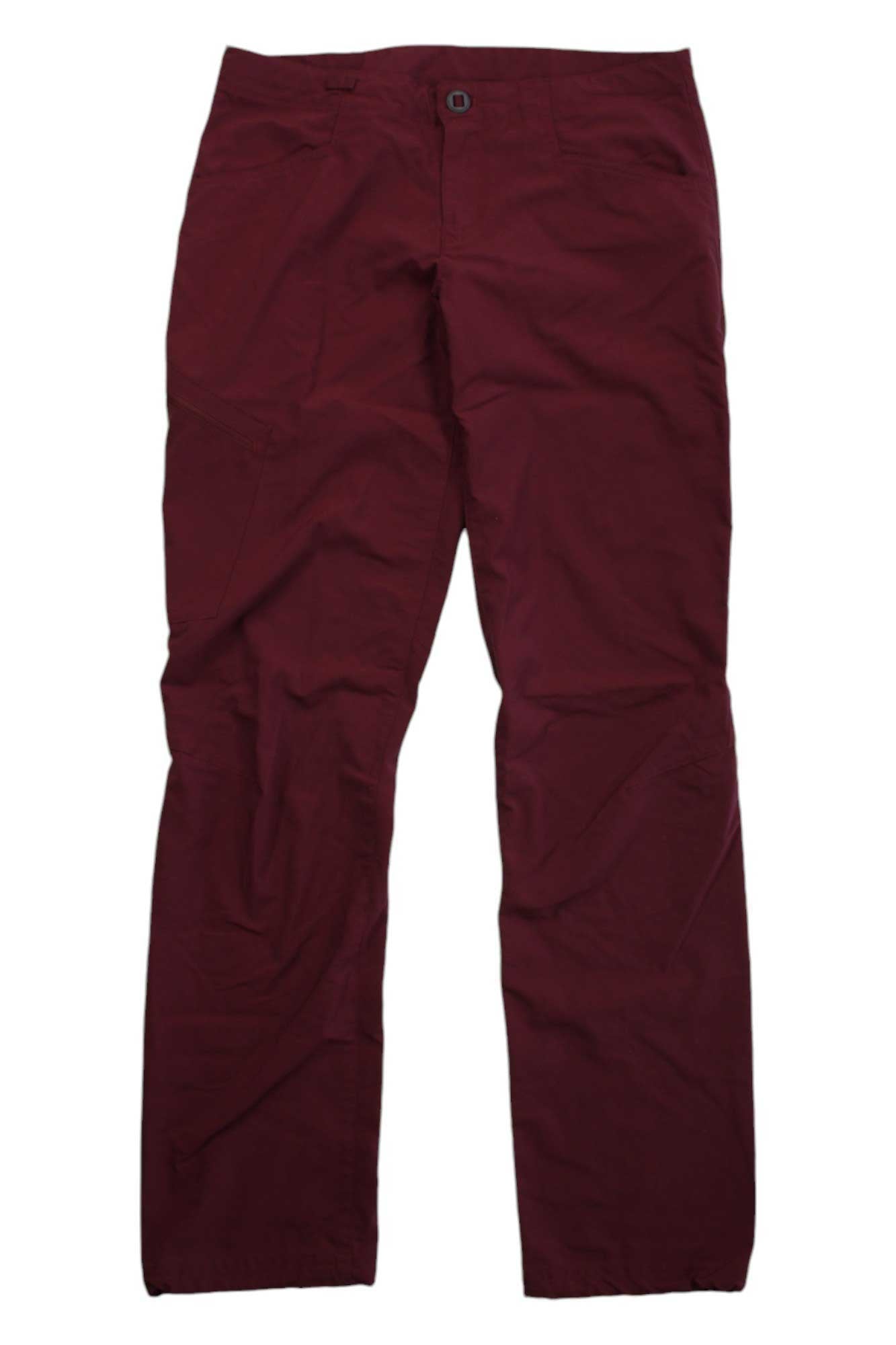 Women's RPS Rock Pants in maroon, featuring straight legs and a button-zip closure, are shown laid flat on a white background.