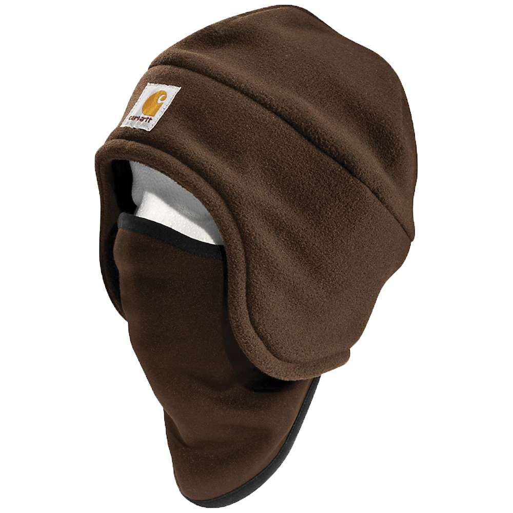 Carhartt fleece 2-in-1 hat with ear flap, brown with stitched trim and logo patch