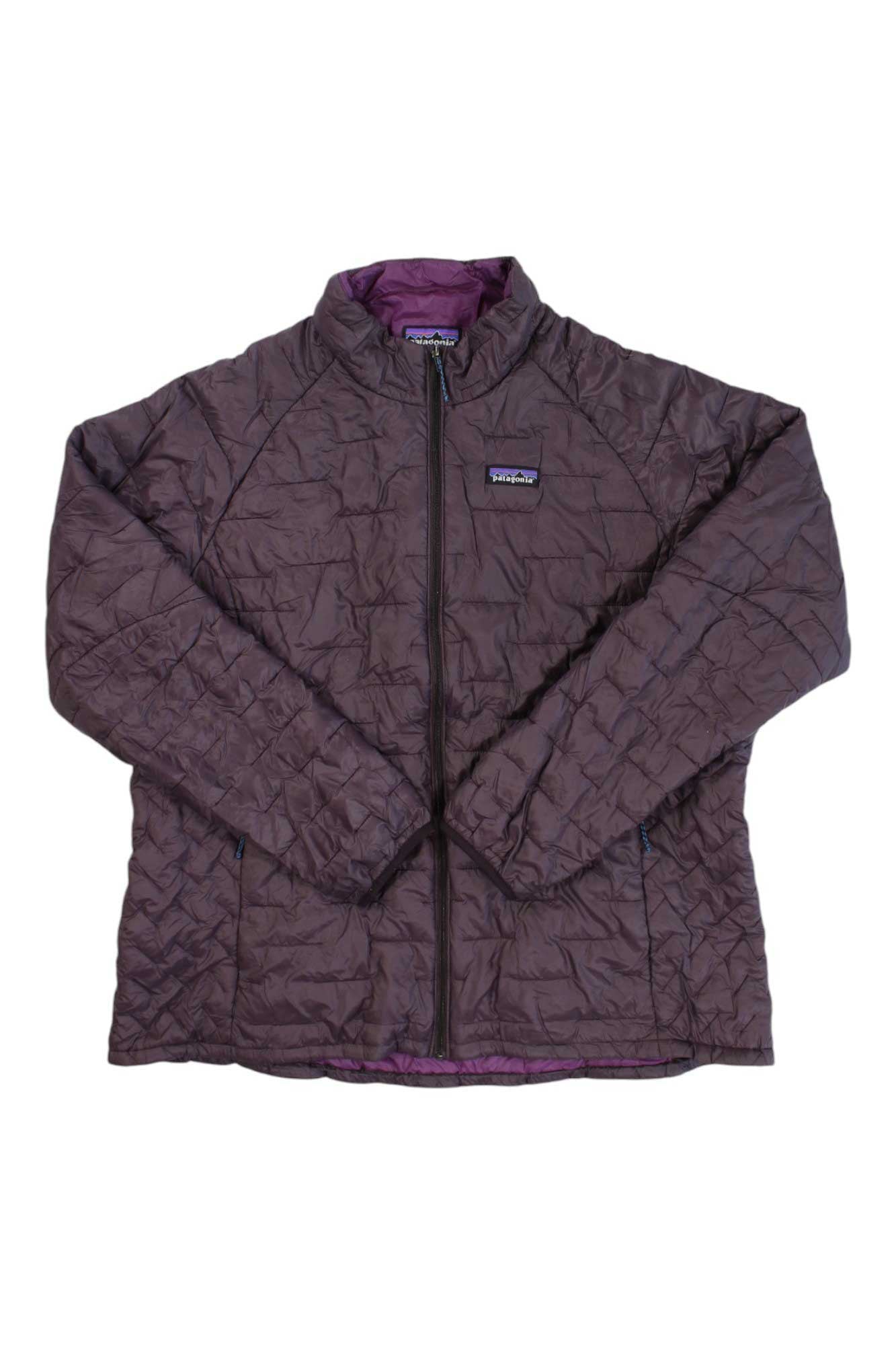 Women's micro puff insulated jacket in dark purple with full zip and stand collar