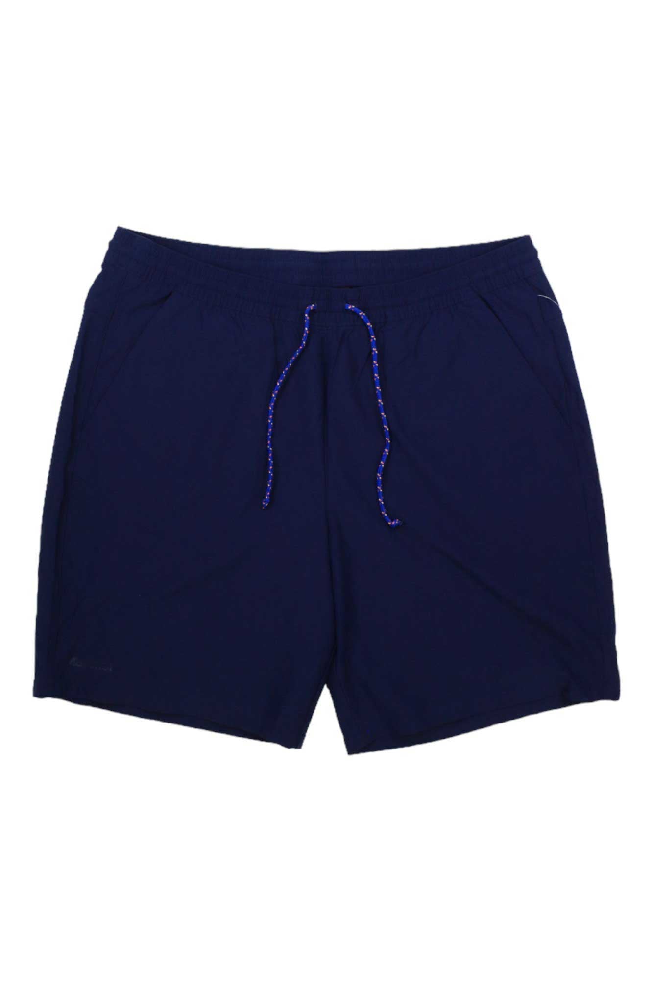 The Marmot Mens Elche 8 Inch Short is a pair of navy blue hiking shorts for men with an elastic waistband and blue-and-white drawstring, made from abrasion-resistant fabric and shown flat on a white background.