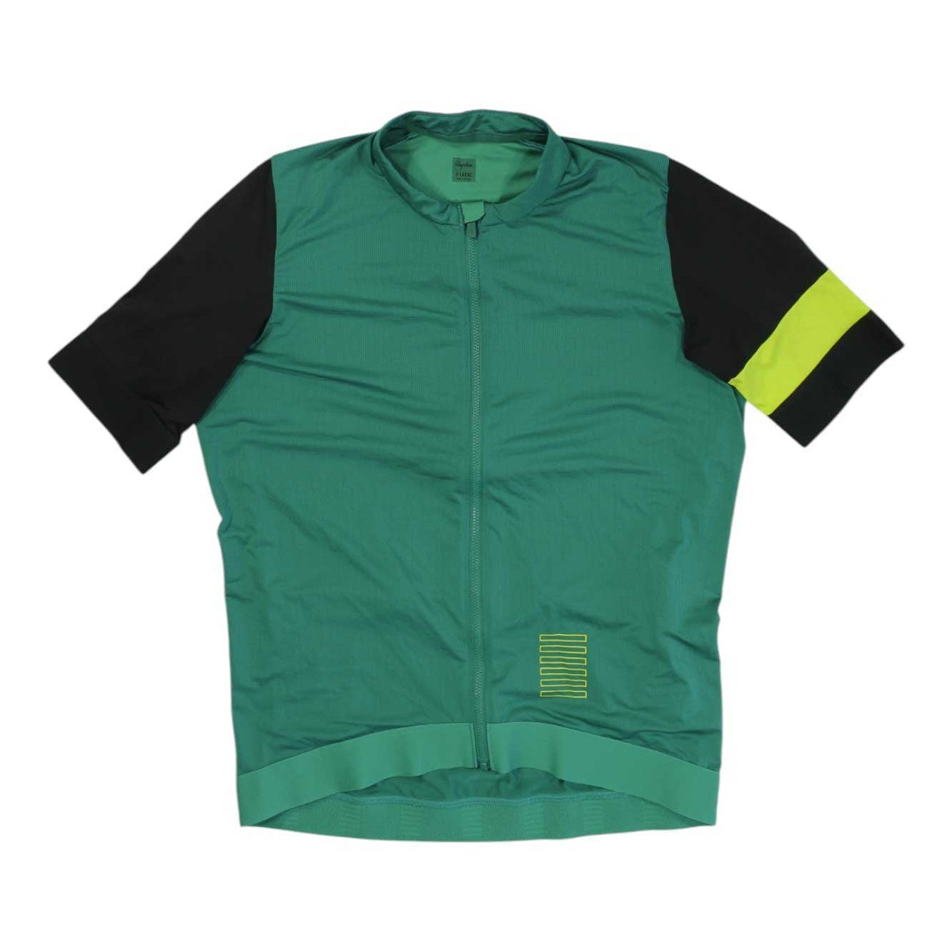 Mens cycling training jersey, green with black sleeves and neon yellow armband, zipper.