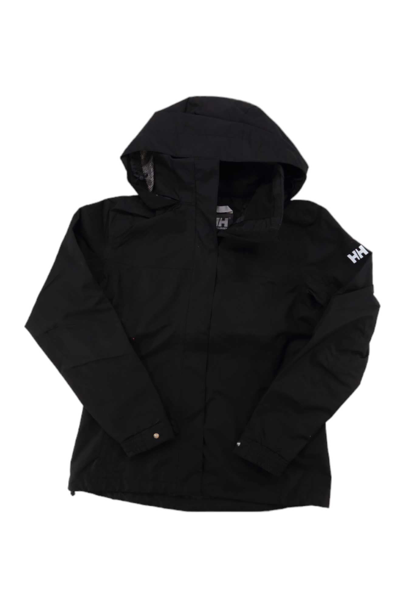 The Helly Hansen Womens Team Aden Jacket is a black waterproof, long-sleeve rain jacket featuring a small HH logo on the left upper arm—stylish and perfect for any forecast.