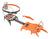 Orange metal crampon with front spikes and adjustable black strap
