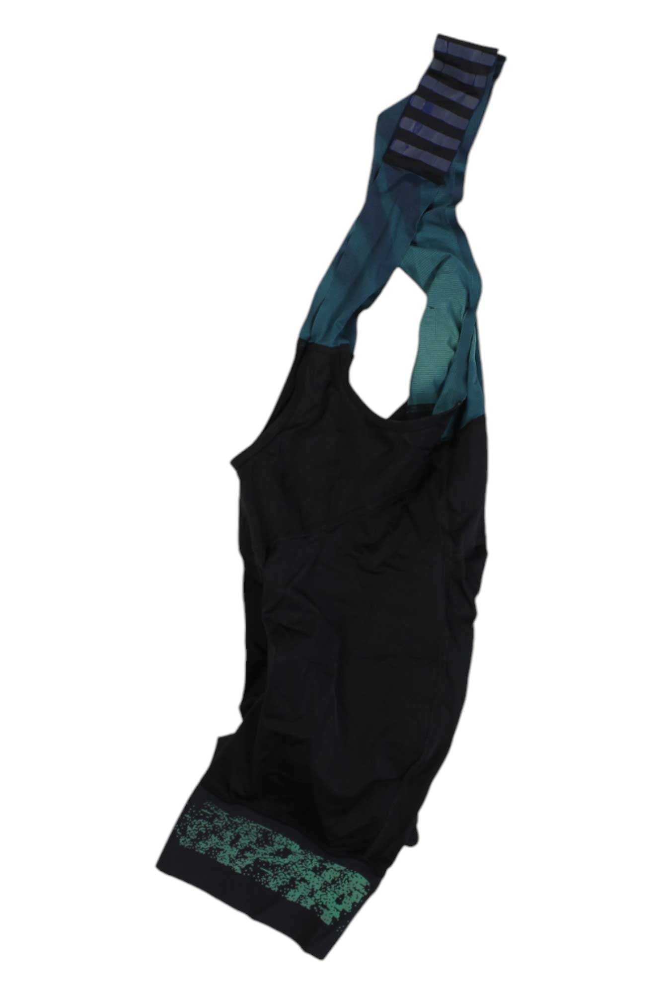 Black cycling bib shorts with teal-green panel and patterned leg cuffs