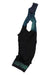 Black cycling bib shorts with teal-green panel and patterned leg cuffs