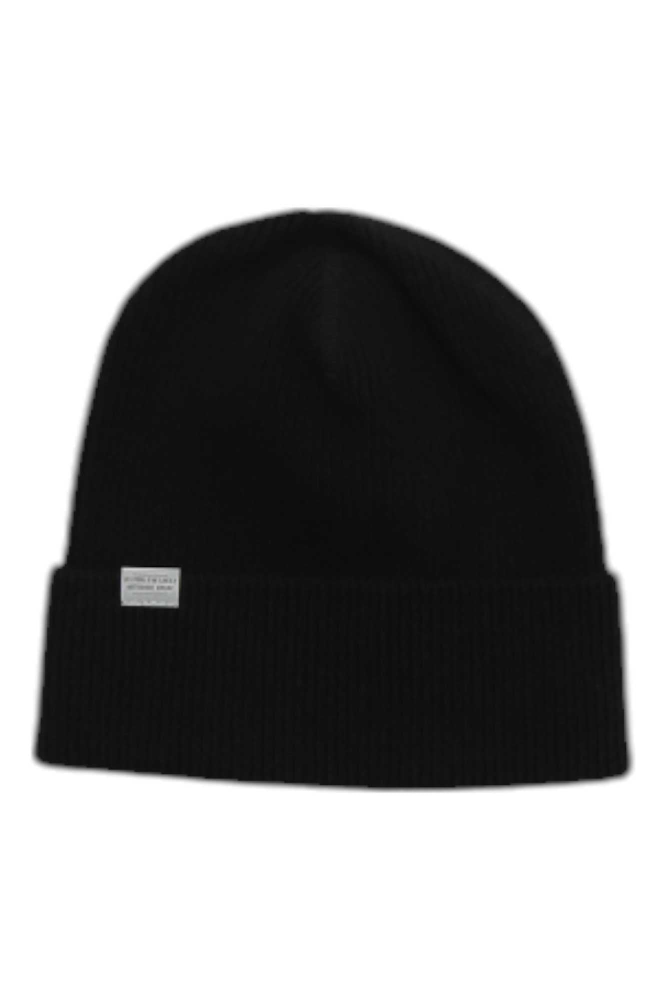 Houdini Zissou hat: dark ribbed cuff knit beanie with front label patch