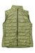 The Haglofs Womens Roc Down Vest is a light olive-green, sleeveless vest featuring a front zipper, side pockets, high collar, lightweight insulation, and the Haglöfs logo on the chest.