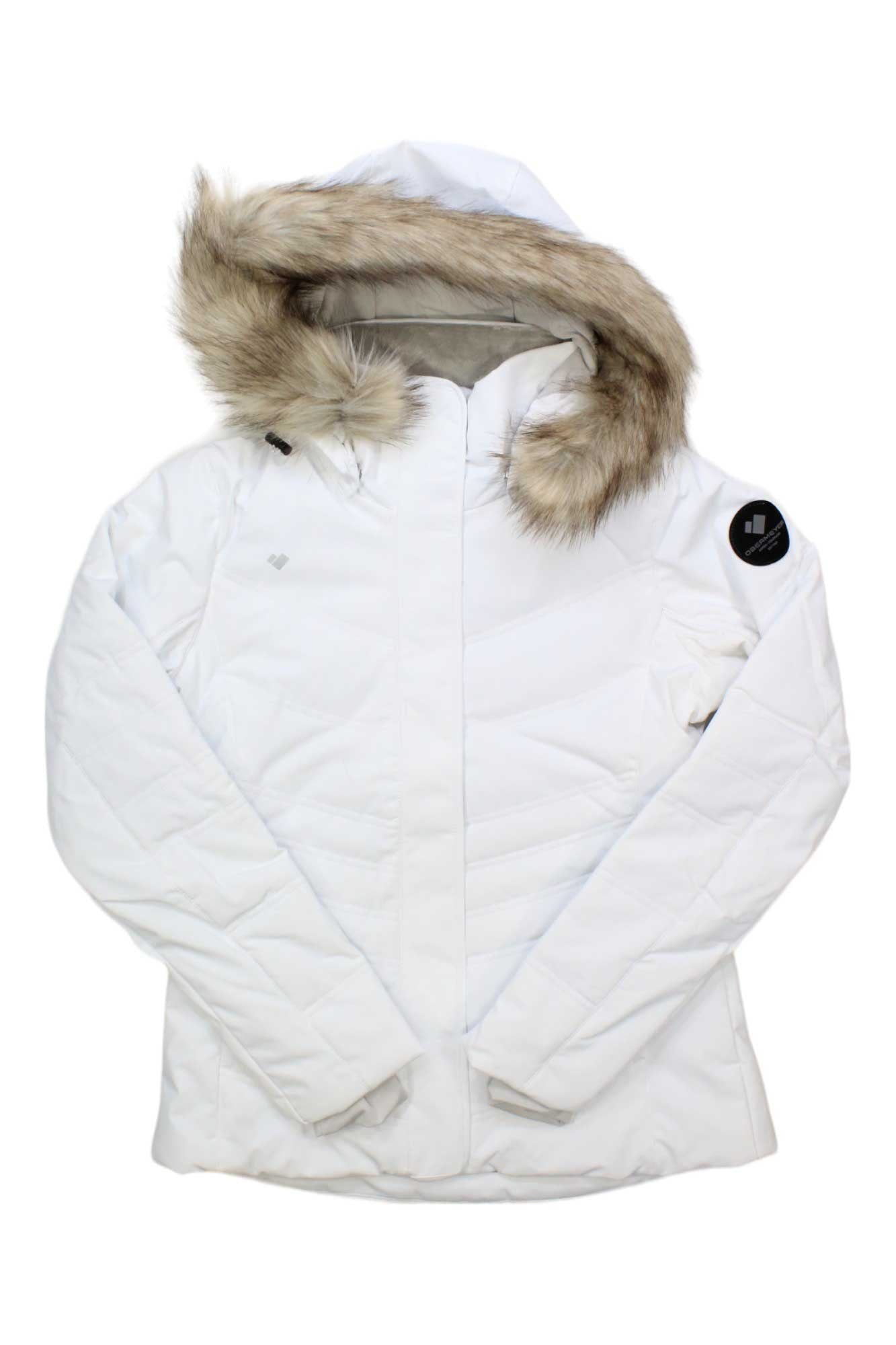 Women's insulated ski jacket, white with tan faux-fur hood and front zipper.