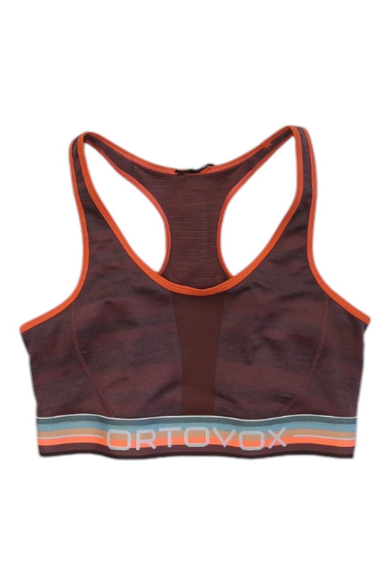 Women’s sport top, racerback knit in dark maroon with orange trim and logo band