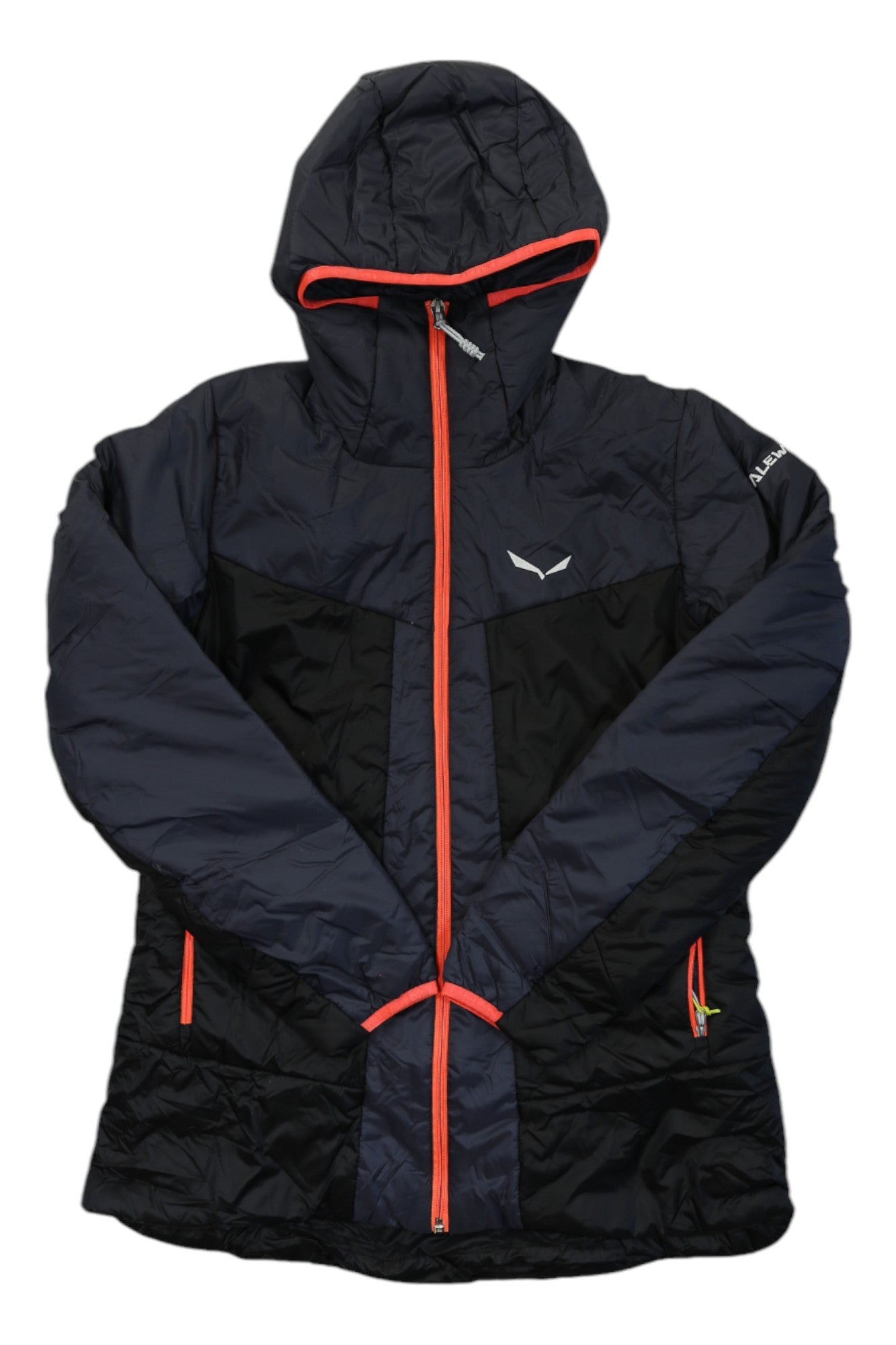 The Salewa Womens Puez 2 AWP Hooded Jacket is black with orange zippers and trim, a small white logo on the chest and left sleeve, long sleeves, and is displayed flat on a white background.