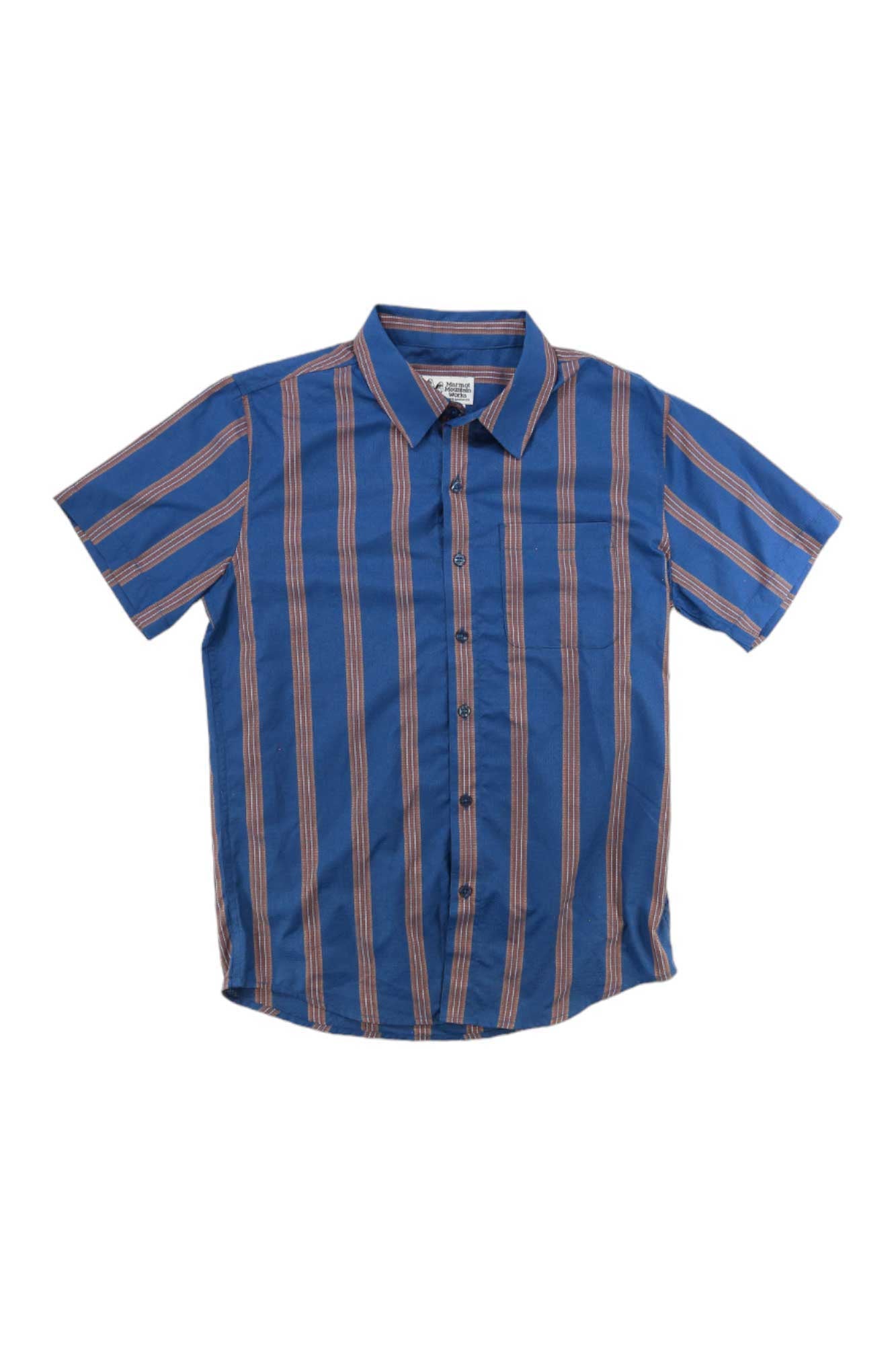 The Marmot Men's Aerobora Novelty SS Shirt is a lightweight, short-sleeve button-up with a collar and chest pocket, featuring blue fabric with vertical orange and white stripes—ideal for stylish comfort.