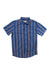 The Marmot Men's Aerobora Novelty SS Shirt is a lightweight, short-sleeve button-up with a collar and chest pocket, featuring blue fabric with vertical orange and white stripes—ideal for stylish comfort.