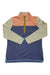 Quilted colorblock mockneck tunic, orange coral top with blue skirt and light sage sides