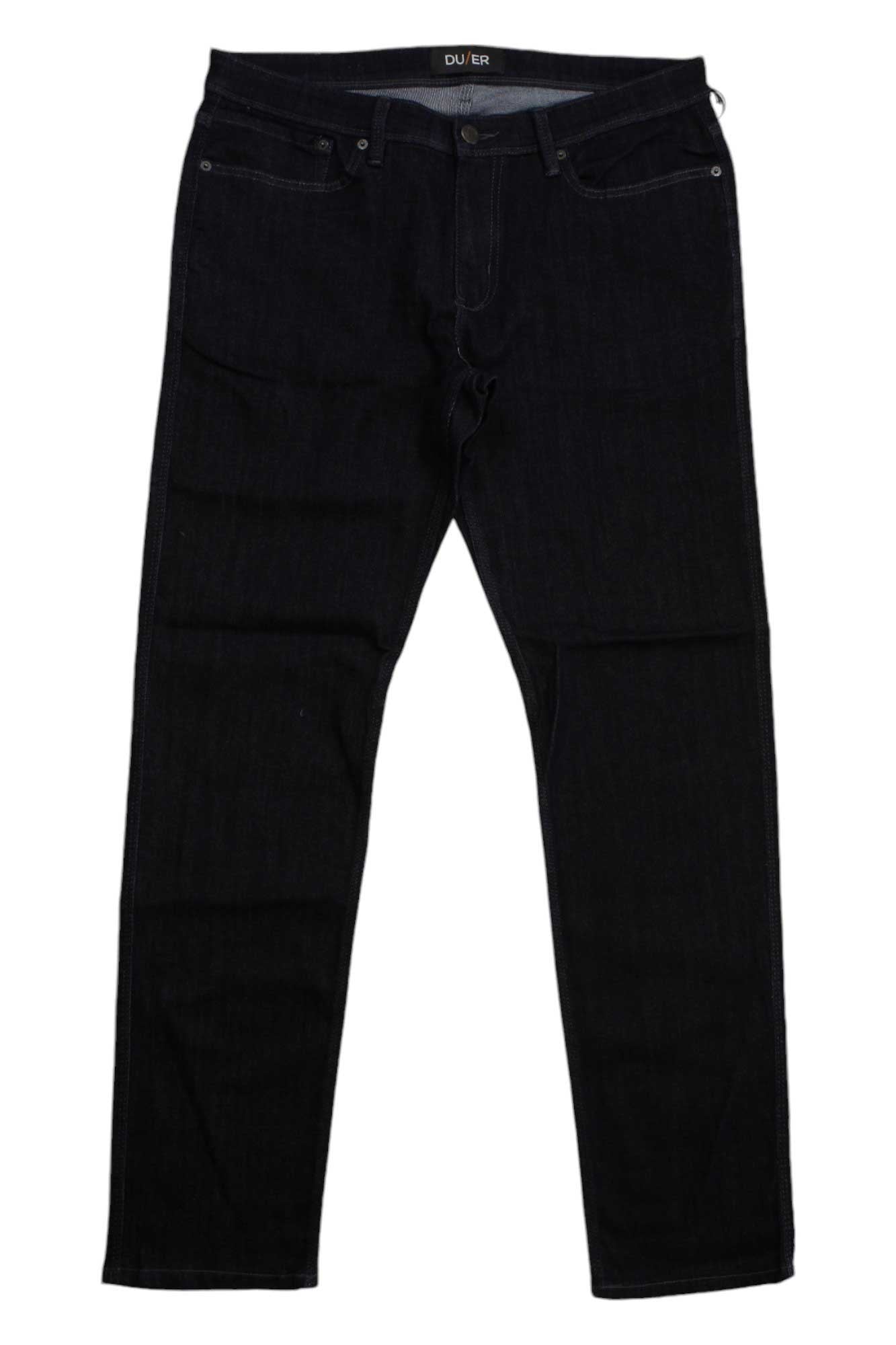 Men's slim-fit performance denim jeans in black, button fly, 5-pocket design.