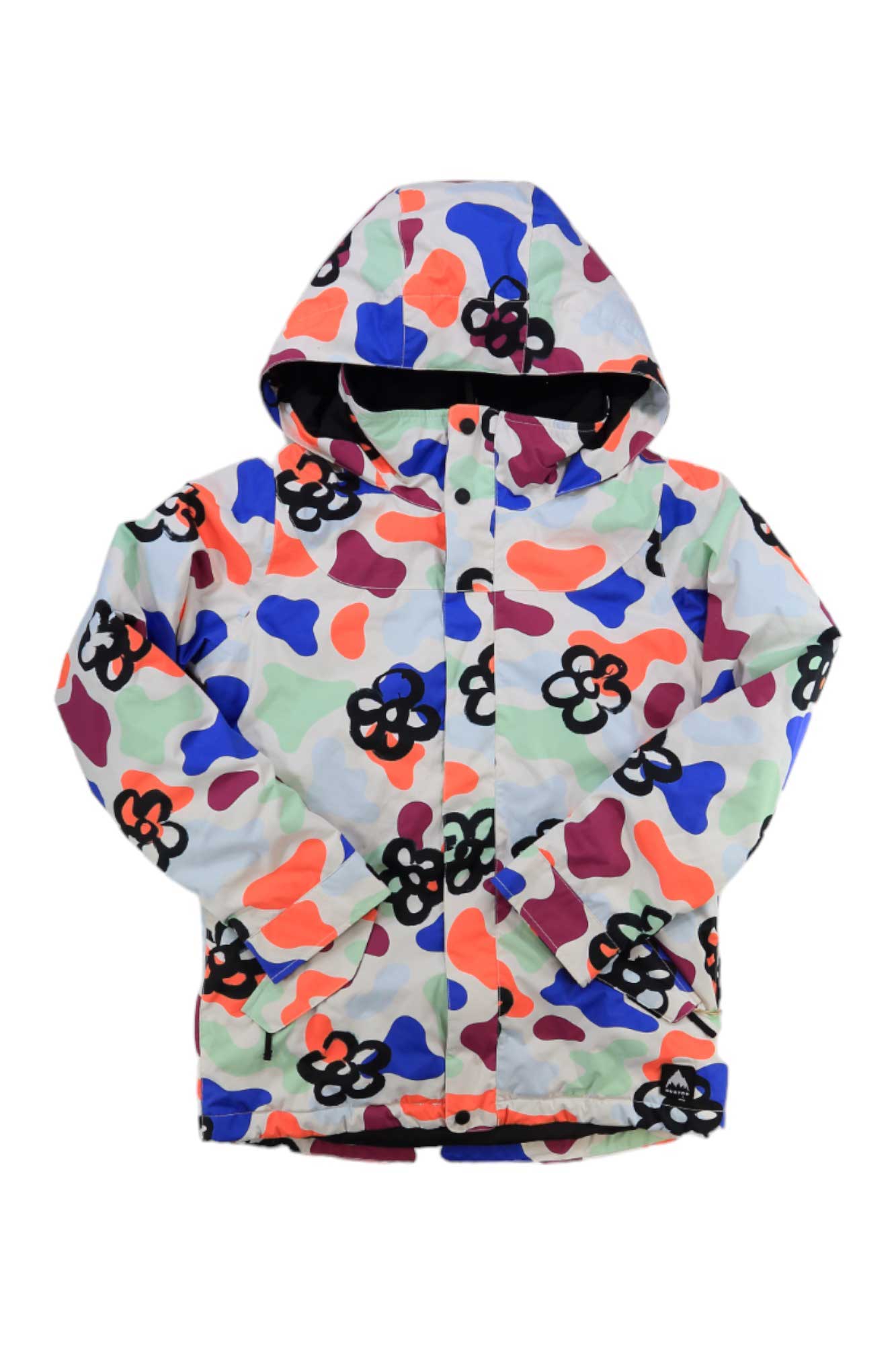 The Burton Girls Elodie Jacket is a waterproof snowboarding jacket with blue, red, orange, green, and purple camo plus black floral shapes. Thermacore insulation keeps girls warm on winter adventures.