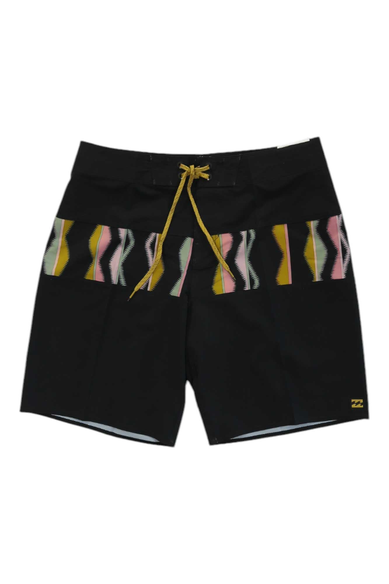 The Billabong Men's Tribong Pro Boardshort is made from recycled polyester, featuring a colorful geometric front pattern, yellow waist drawstring, quick-dry fabric, and a small yellow logo on the lower left leg.
