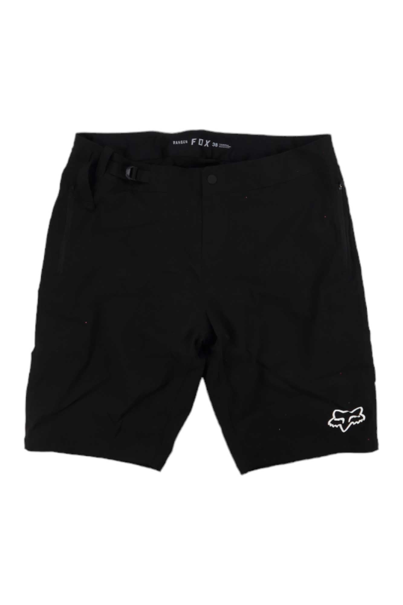 Black ranger shorts with liner, logo patch at hem, button fly and belt loops