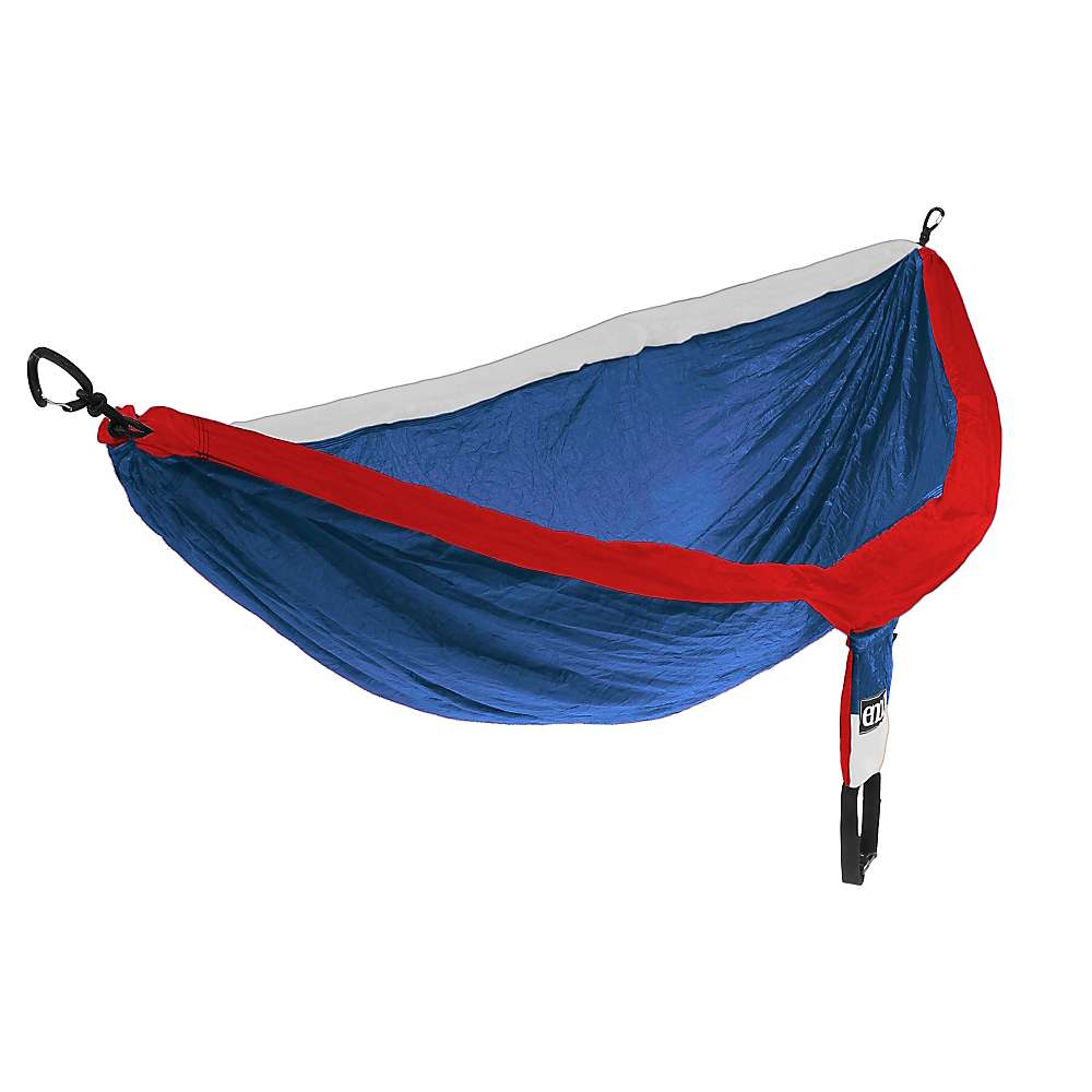 DoubleNest hammock in blue with red trim and end tie straps.