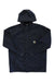 The Carhartt Mens Storm Defender Loose Fit Heavyweight Jacket in dark navy features front snap buttons, two side pockets, a button-flap chest pocket, waterproof Storm Defender tech, and a small Carhartt logo patch on the chest.