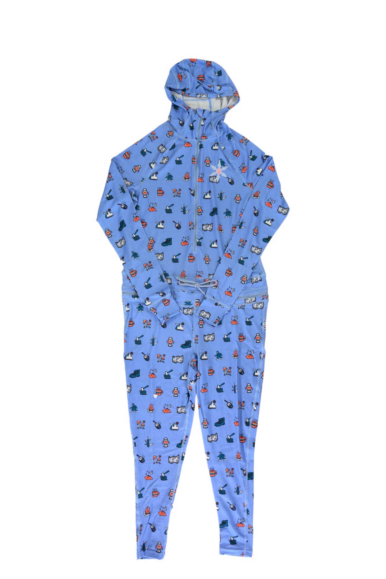 The Airblaster Womens Classic Ninja Suit is a blue hooded one-piece jumpsuit with a front zipper, made from 4-way stretch fabric and decorated with assorted colorful cartoon animal and vehicle prints.