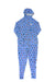 The Airblaster Womens Classic Ninja Suit is a blue hooded one-piece jumpsuit with a front zipper, made from 4-way stretch fabric and decorated with assorted colorful cartoon animal and vehicle prints.