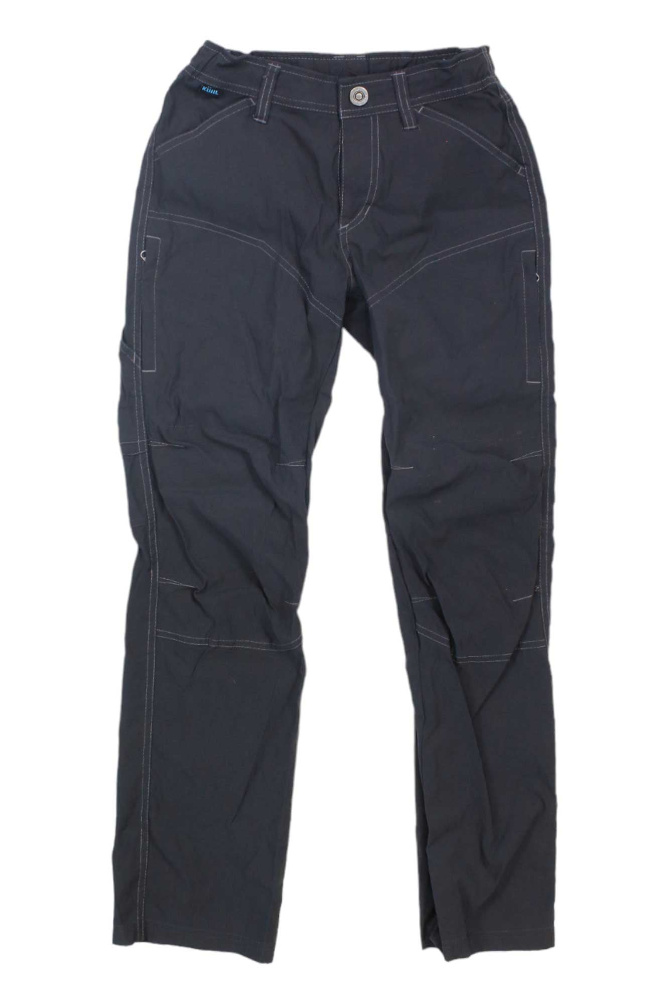 Renegade Pants in black with white stitching, front button closure, multiple pockets, and reinforced knee seams made from softshell fabric, shown laid flat on a white background.
