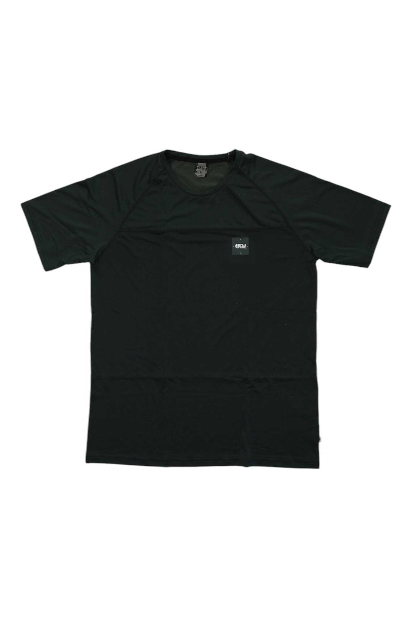 The Picture Men's Chardo Tech Tee is a plain black short-sleeve shirt with a small rectangular logo patch on the left chest. Made with moisture-wicking fabric, it’s perfect for hiking and shown laid flat on a white background.