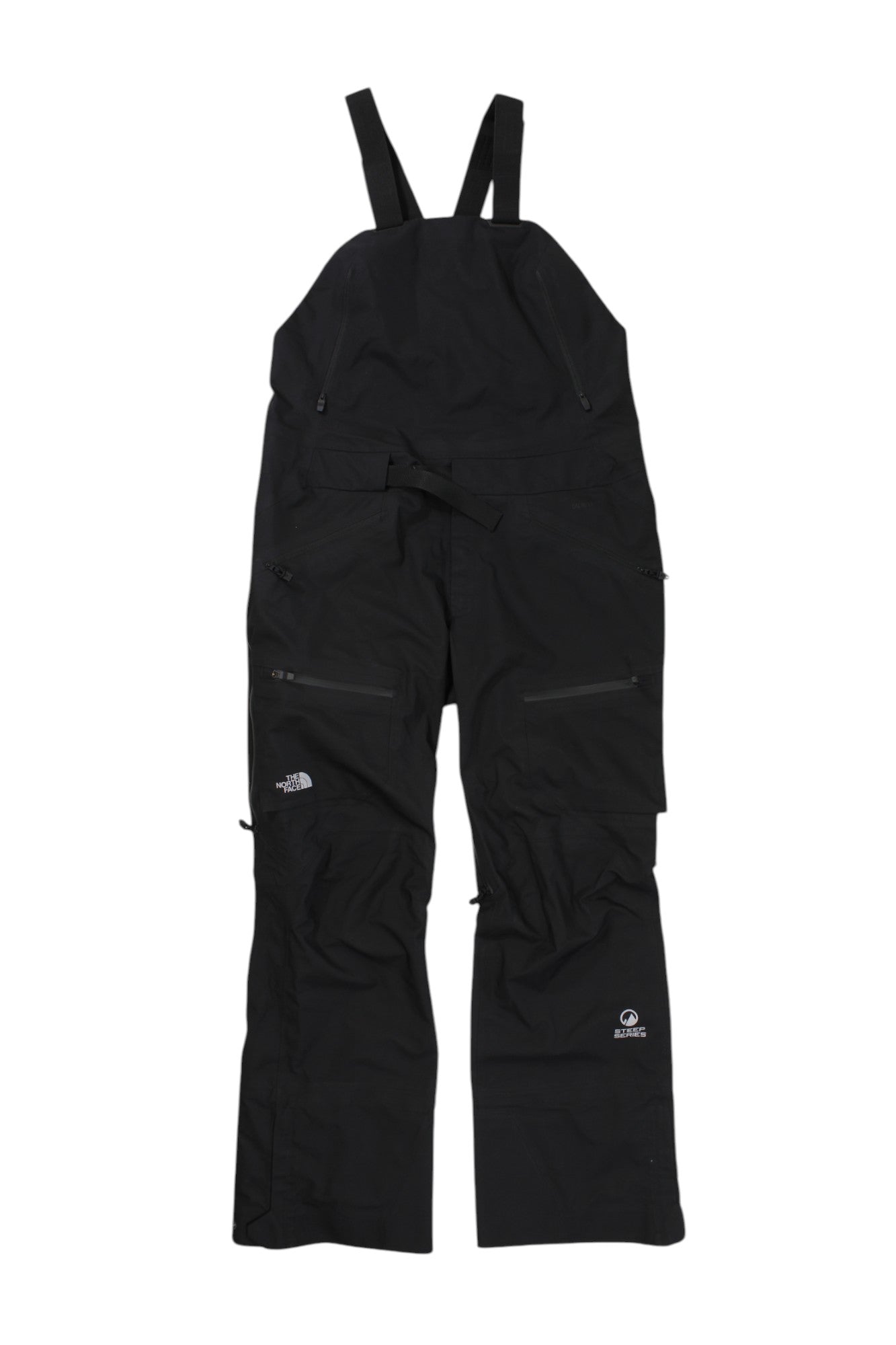 A pair of black The North Face Women's Fuse Brigandine Bib Snow Pants with waterproof GORE-TEX, adjustable shoulder straps, multiple zippered pockets, and reinforced knees—ideal for outdoor winter adventures.