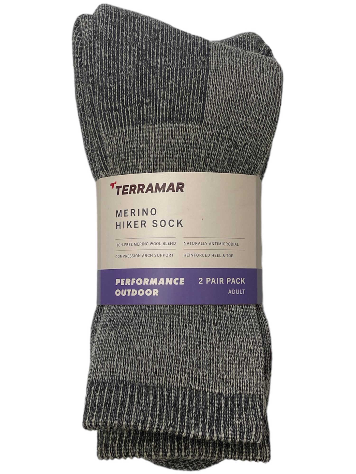 The Terramar Merino Hiker Sock 2 Pack includes two pairs of gray socks with cushioned comfort, compression arch support, and natural antimicrobial properties.