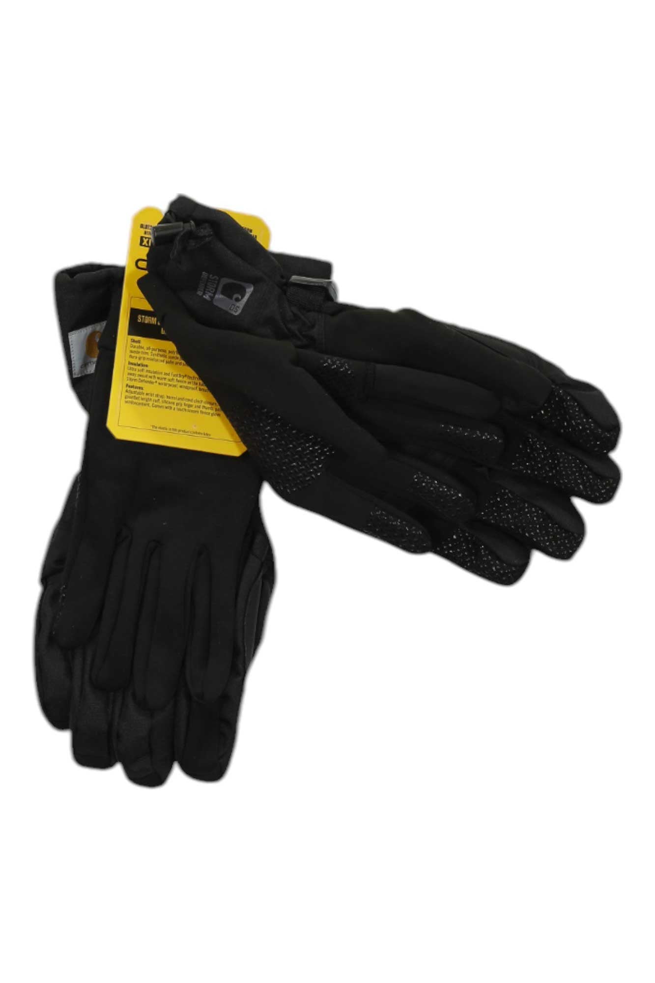 A pair of Carhartt Mens Pipeline Gloves in black, featuring insulated design and textured finger grips, shown with a yellow product tag on a white background.