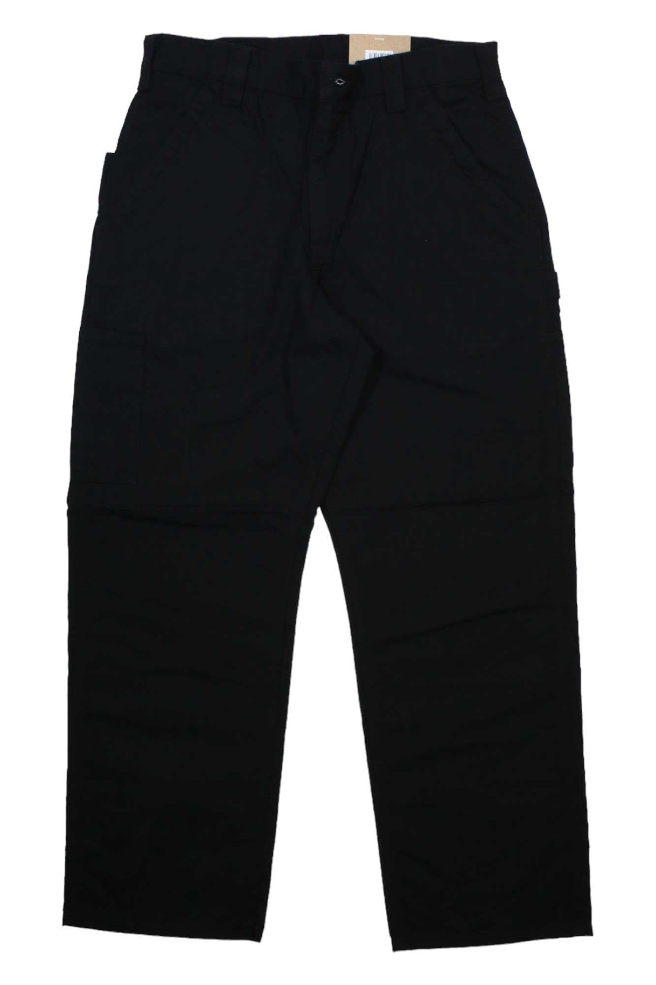 The Carhartt Mens Canvas Work Dungaree Pant in black is laid flat on a white background, showcasing front utility pockets, belt loops, and a button waist closure.