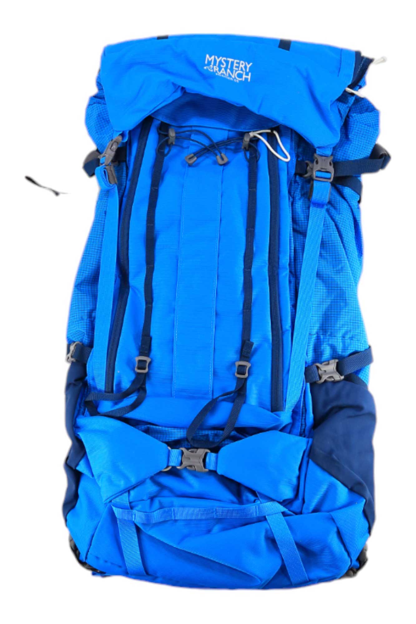 A large blue Mystery Ranch Womens Bridger 65 Backpack with black straps, buckles, and the Mystery Ranch logo on the top flap is displayed against a white background.