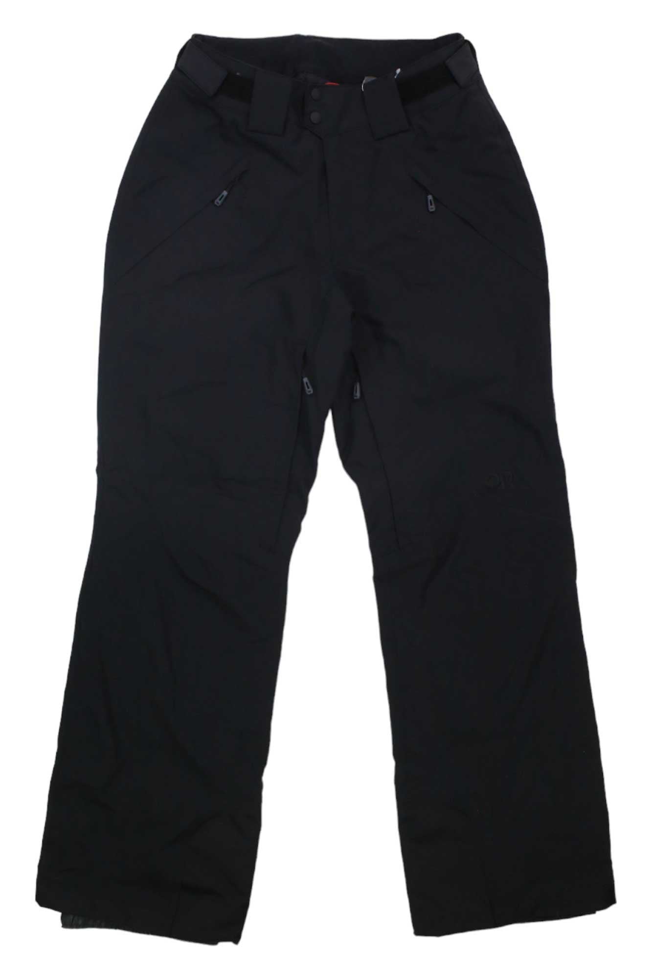 The Outdoor Research Women's Snowcrew Pant, in black, features insulation, zippered pockets, and belt loops, displayed flat on a white background.