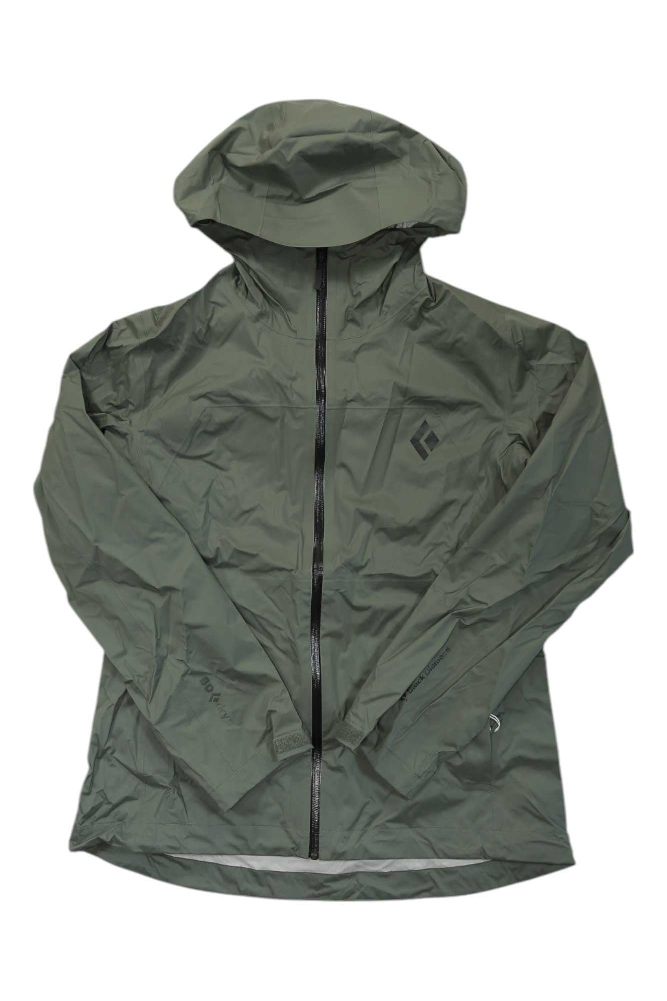 The Black Diamond Womens StormLine Stretch Rain Shell is a lightweight, olive green rain jacket with a front zipper, long sleeves, and a small geometric logo on the chest.