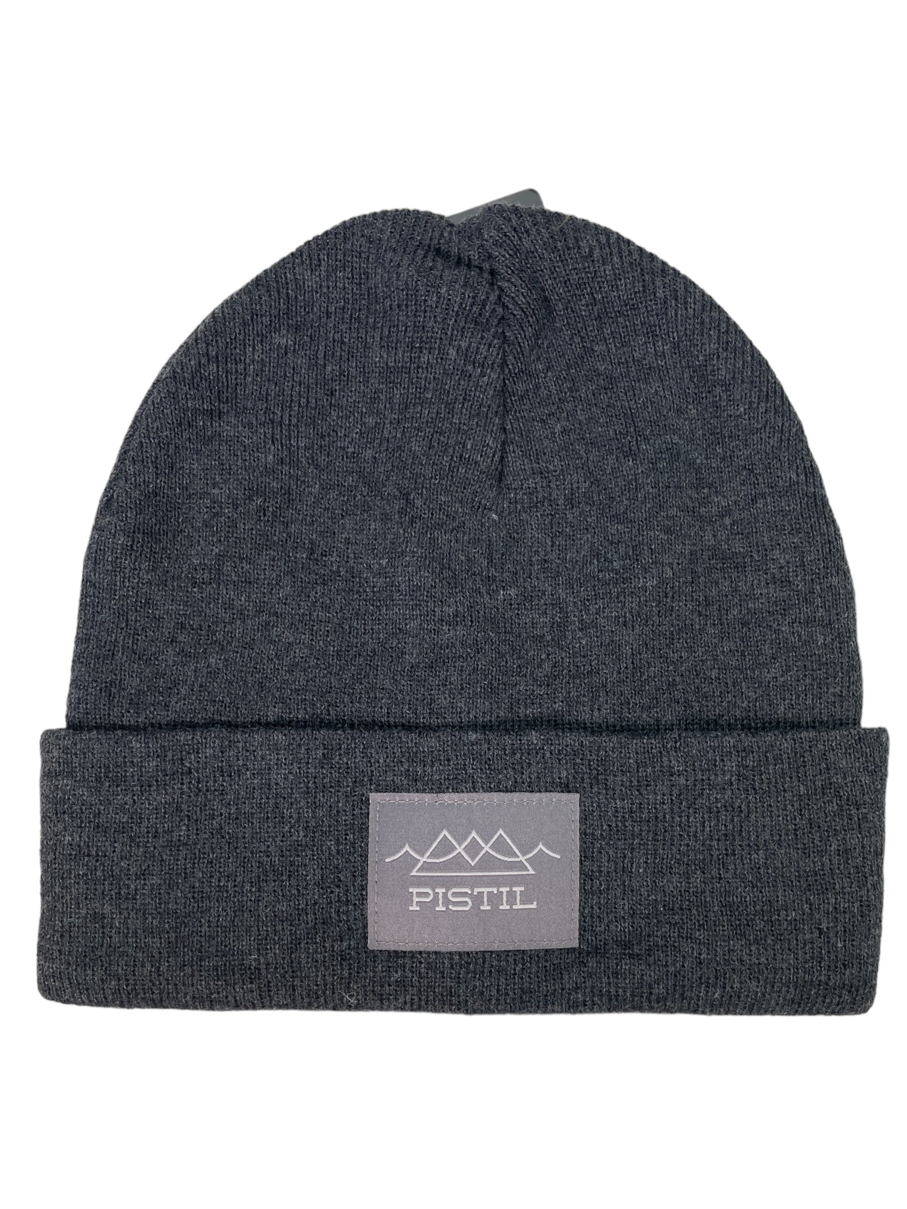 The Pistil Men's Morris Beanie is a dark gray recycled polyester beanie with a folded brim. A front patch features a minimalist mountain and “PISTIL” logo—ideal for hiking adventures.